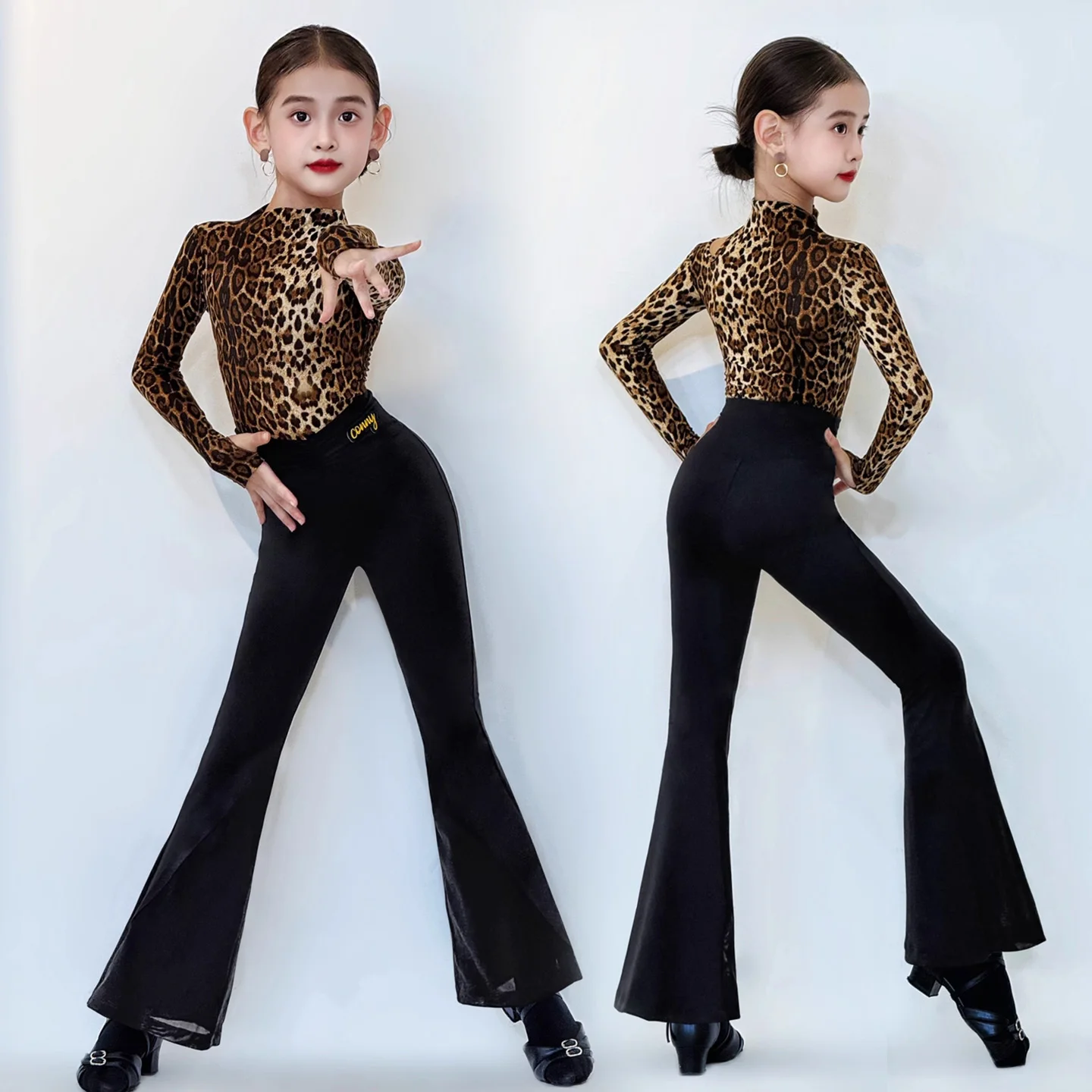 

Children Latin Dance Training Clothes Long Sleeve Leopard Print Top Black Flared Pants Girls Cha Cha Rumba Practice Wear
