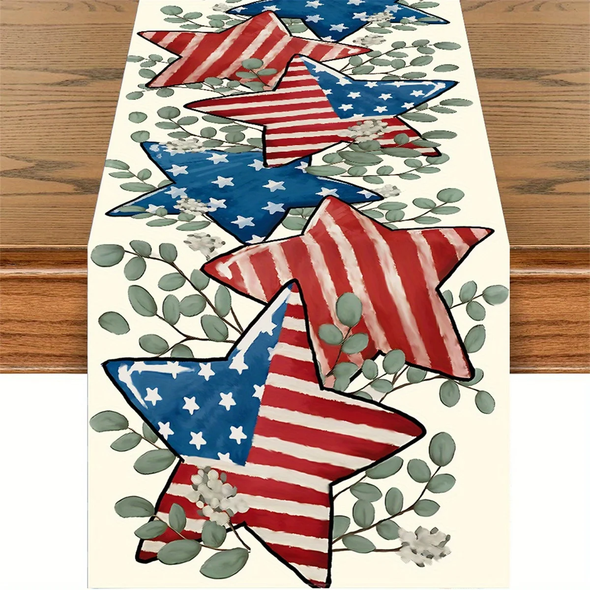 Patriotic Independence Day Table Runner, Red White Blue Stars Stripes Print, 100% Linen Rectangle Table Decor for Kitchen, BBQ,