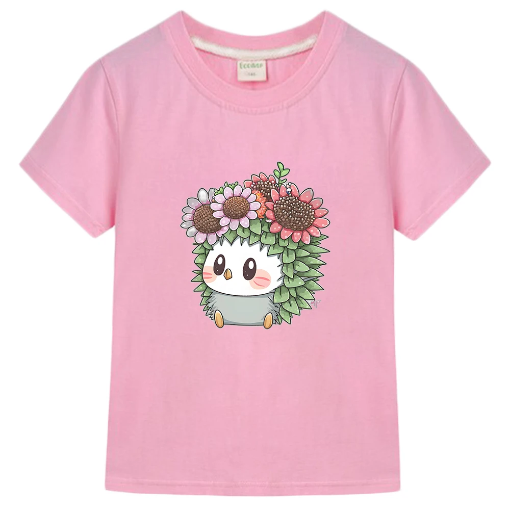 Hedgehog Flower Graphic Printing Tshirts 100% Cotton Short Sleeve Soft Tee-shirt Casual Boys/Girls Summer T-shirt Comfortable