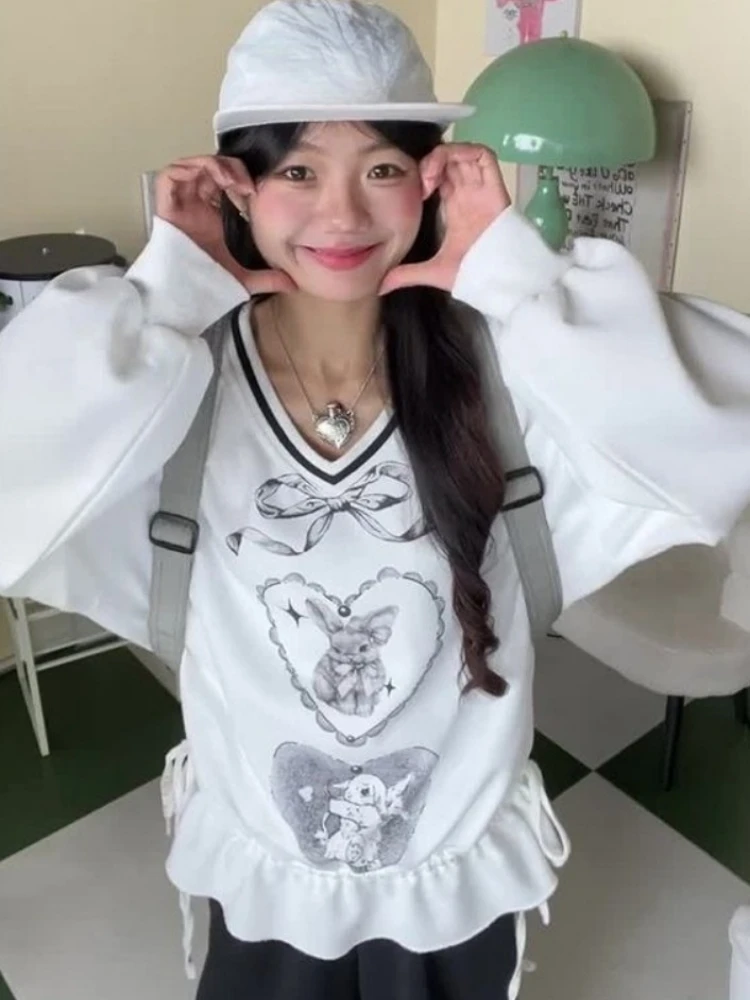 

Лоскутные толстовки в консервативном стиле с мультяшным принтом, осенние женские толстовки Y2k, эстетичная свободная толстовка в стиле Харадзюку, толстовки на шнурке в стиле гранж