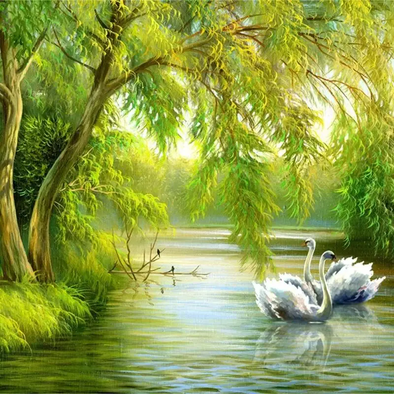 Wallpaper Mural khusus 3D hutan angsa danau alam pemandangan foto kertas dinding ruang tamu TV latar belakang Sofa dinding dekorasi rumah