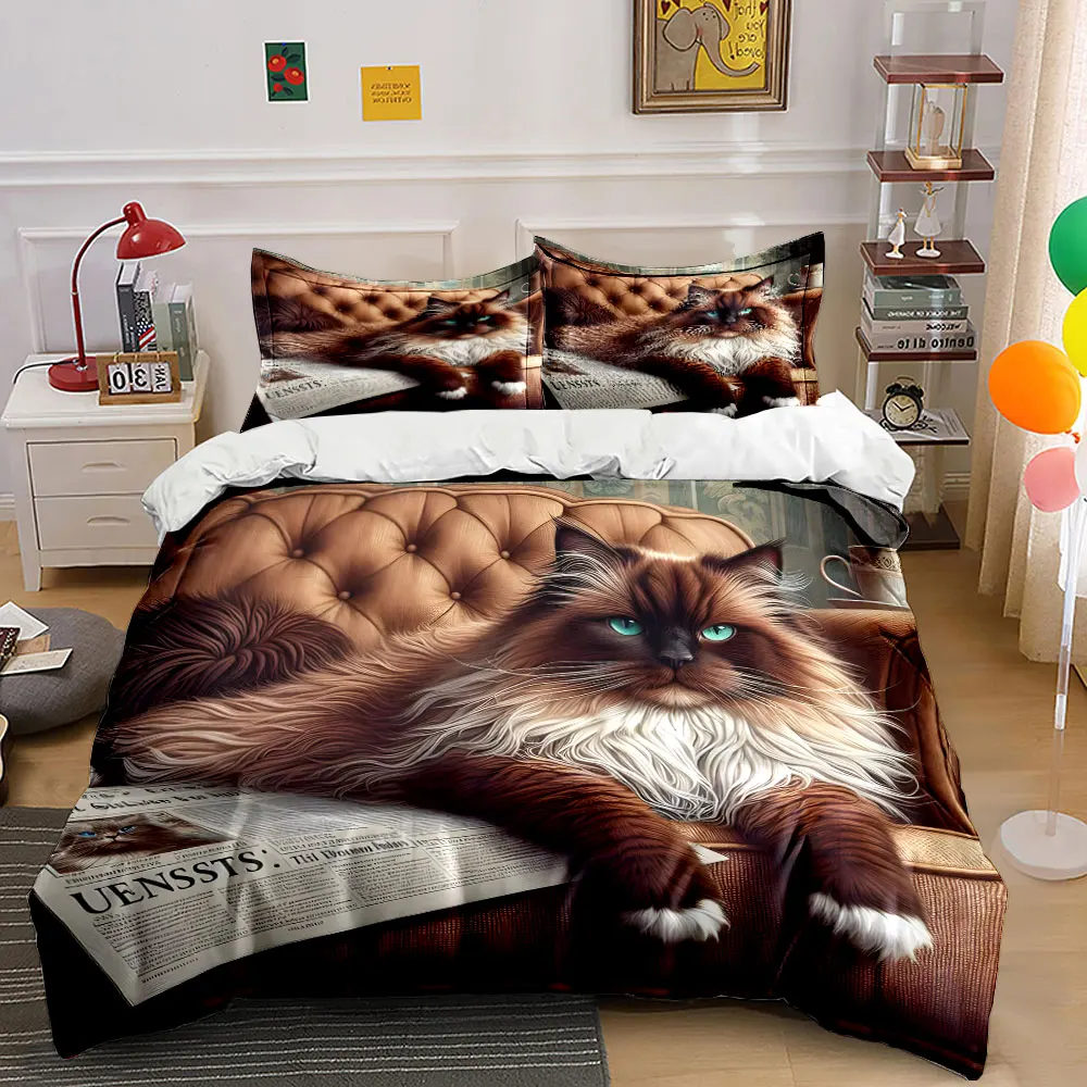 Fluffy cat relaxing with newspaper Pattern Duvet Cover Set Digital Print Colorful Polyester Bedding with Zipper Closur for gifts