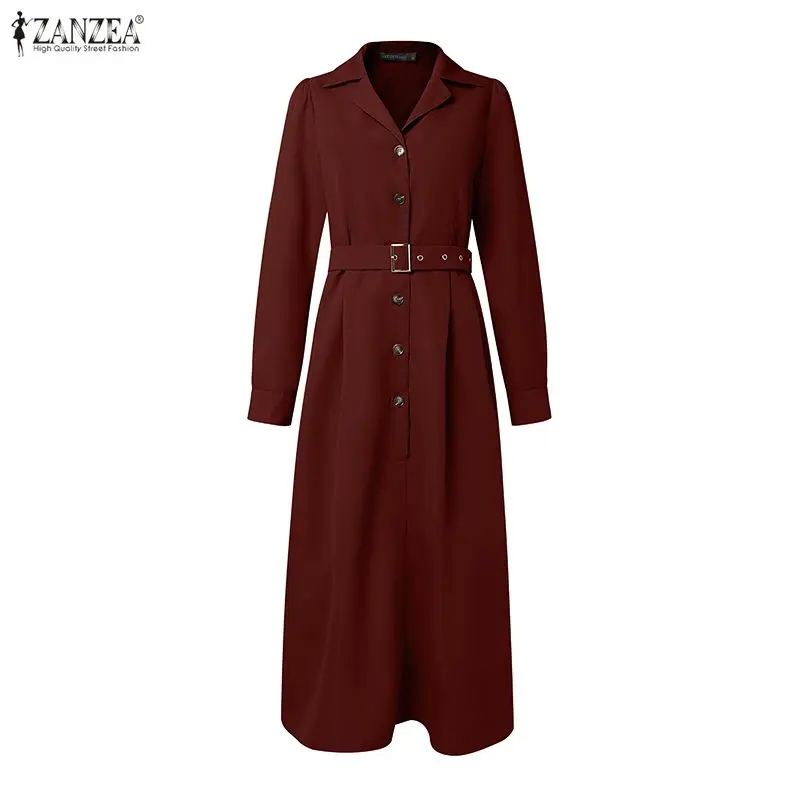 

Элегантное однотонное платье-рубашка ZANZEA, женское, с отложным воротником, длинными рукавами, длинное, с частичной застежкой на пуговицы, с поясом, повседневное.