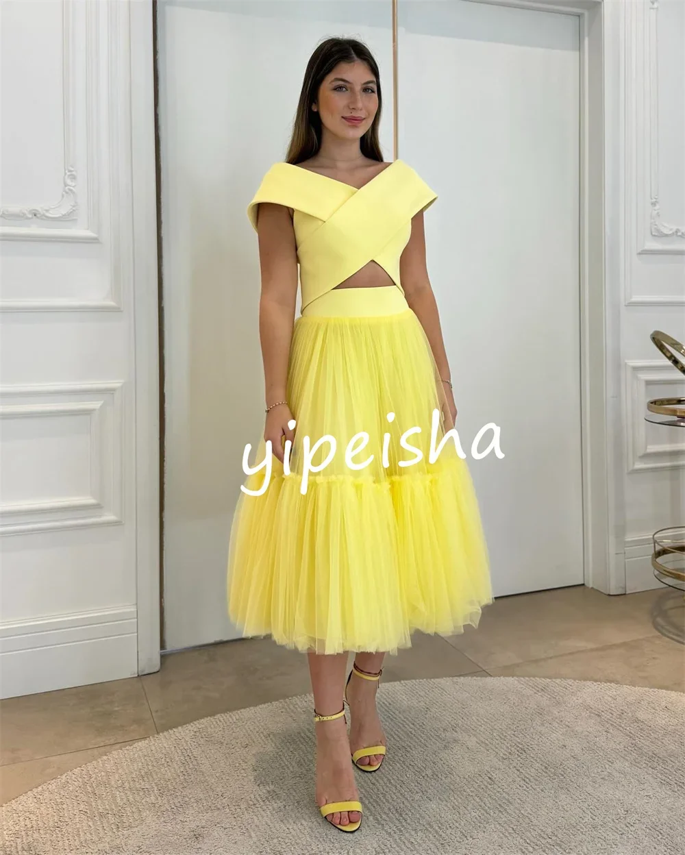 Customized Pastrol Net Criss-Cross A-line Off-the-shoulder Midi Dresses Evening Dresses Simple Retro Fashion Elegant Exquisite H