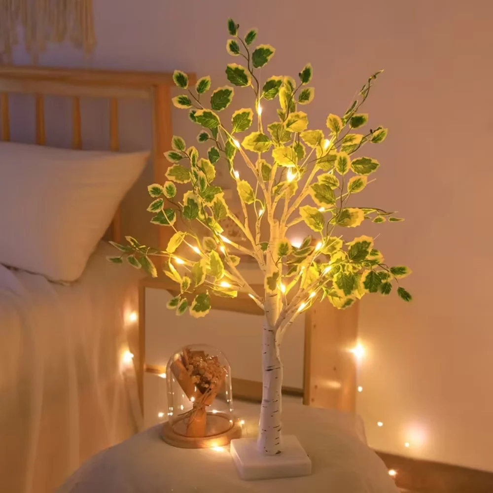 Artificial Green Leaf Birch Tree Light Battery Powered Tabletop Lamp Decorative Tree for Bedroom Office Party Home Decor
