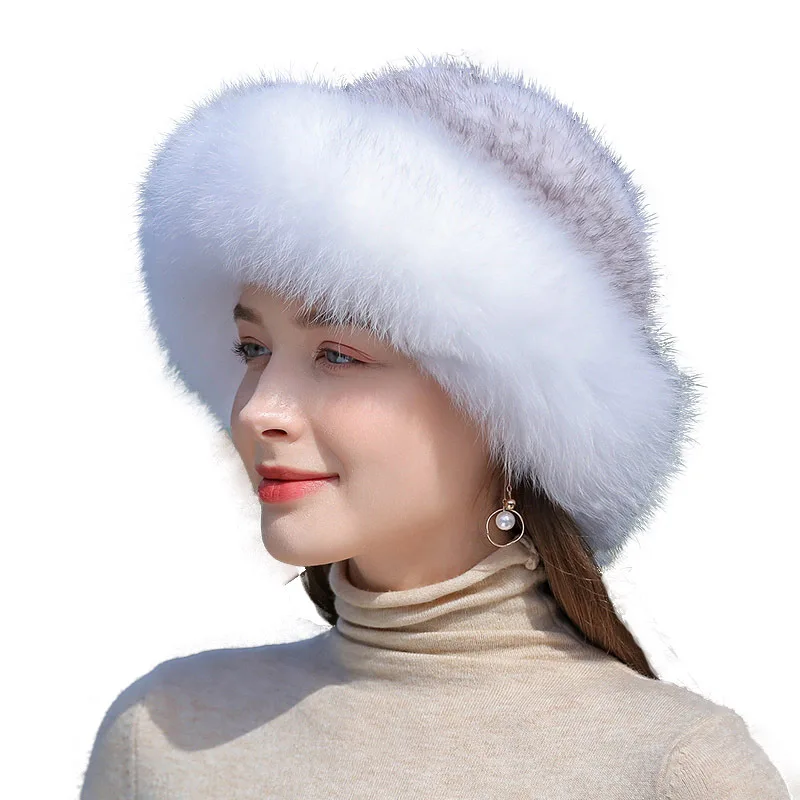 New Genuine Real Natural Knitted Mink Fur Hat Cap Luxury Women Handmade Knit Fashion Winter Headwear Warm Real Fox Fur Beanies