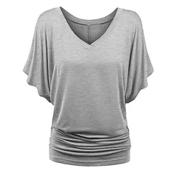 T-shirt en coton à col en V pour femmes, manches chauve-souris, ourlet surdimensionné, haut d'été décontracté, pull pour dames, chemisier, chemises tuniques, mode