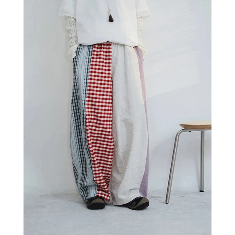 原宿ワイドレッグパンツ女性ファッションチェック柄パッチワークパンツ夏の新ヴィンテージカジュアルストレート女性のズボン