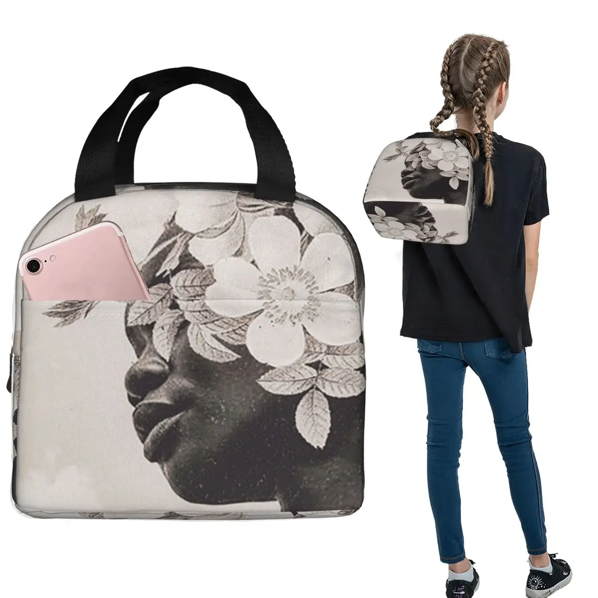 White Flower Black Woman Insulated Lunch Bag for Women Children Portable Food Boxes Thermal Lunch Box Tote