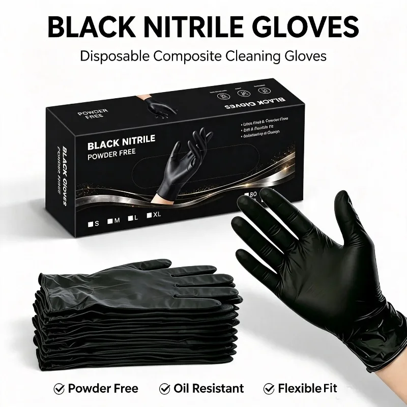 80/90/100Pcs Disposable Composite Nitrile Gloves, Black Multipurpose Cleaning Gloves, Gloves for Pet Care, Kitchen and Cleaning