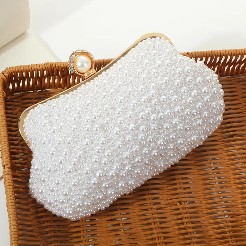 Pure handmade pearl embroidery dinner bag, pearl portable storage bag, wedding party evening dress bag, metal chain shoulder ba