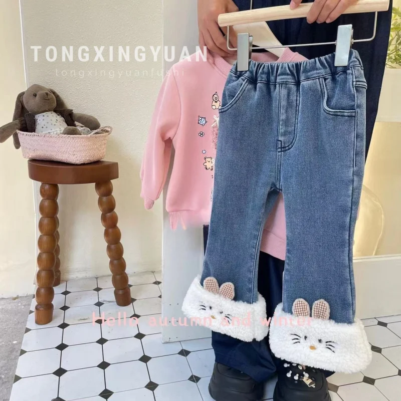 

Female.Tong Fleece-lined Thick Jeans+Sweater Suit New Children's Autumn and Winter2024Single-Layer Fleece-Lined Casual Trousers