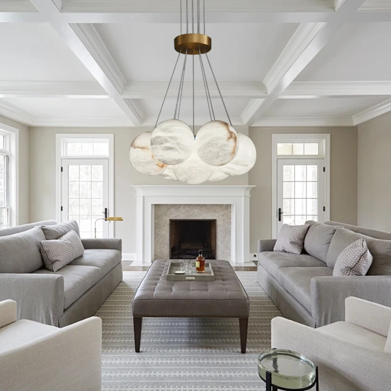 Spanish Marble Balls Chandeliers Luxury Led Home Decoration Elegant White Chandelier Stone Light Fixture Over Foyer Living Room