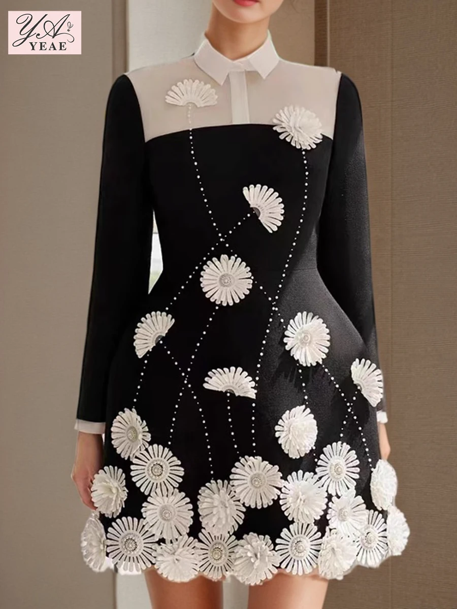 

Hit Color Slimming Spliced Appliques Mini Dresses for Women Lapel Long Sleeves Fashion Dress Female Clothing New