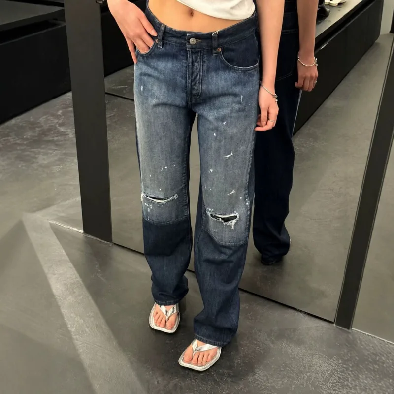 ANJY Spring Autumn New Women's Washed Ripped Loose Patchwork Contrast Color Jeans Distressed Vintage Straight Denim Pants A26167