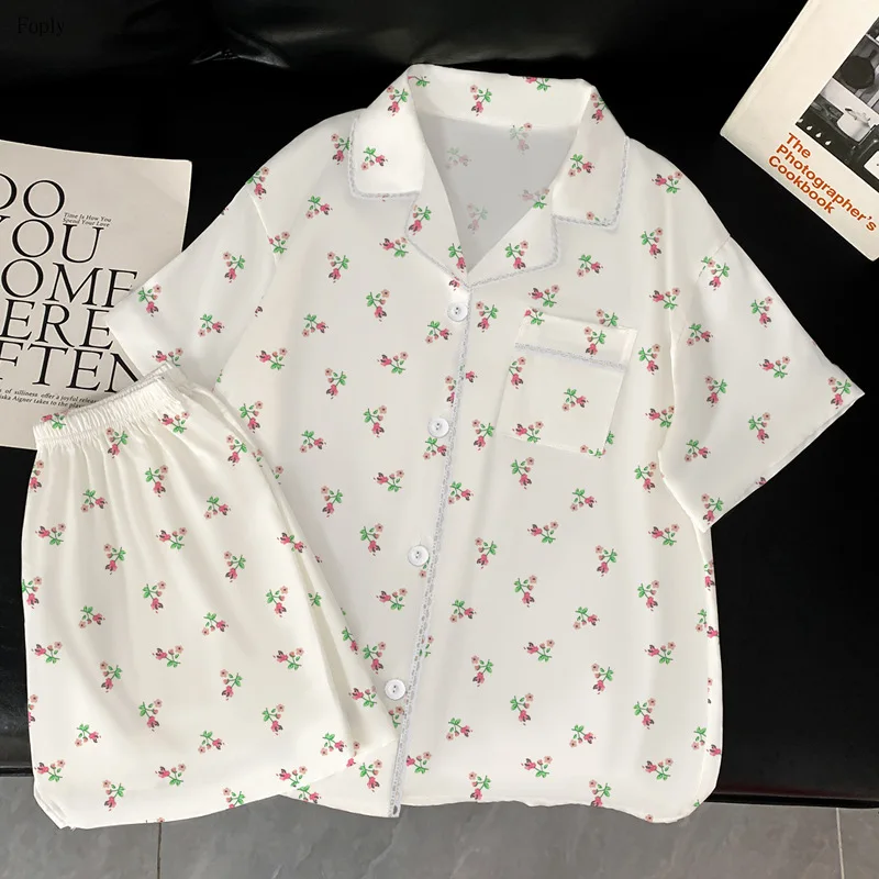 

Princess Style Floral Women Pajamas Set Pijama Silk Satin Pyjamas Pocket Female Homewear Lapel Short-sleeved Ice Silk Pajamas