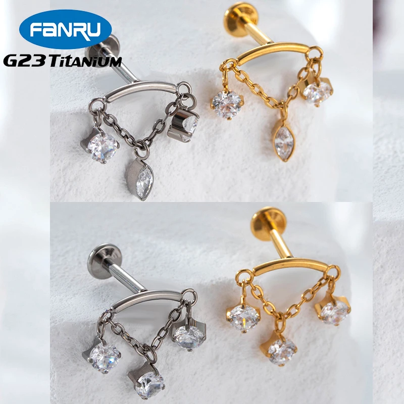 

1PC ASTM F136 G23 Titanium Threadless Piercing Jewelry Lip Stud Horse Eye Zircon Chain Pin Push In Conch Daith Earrings Stud 16G