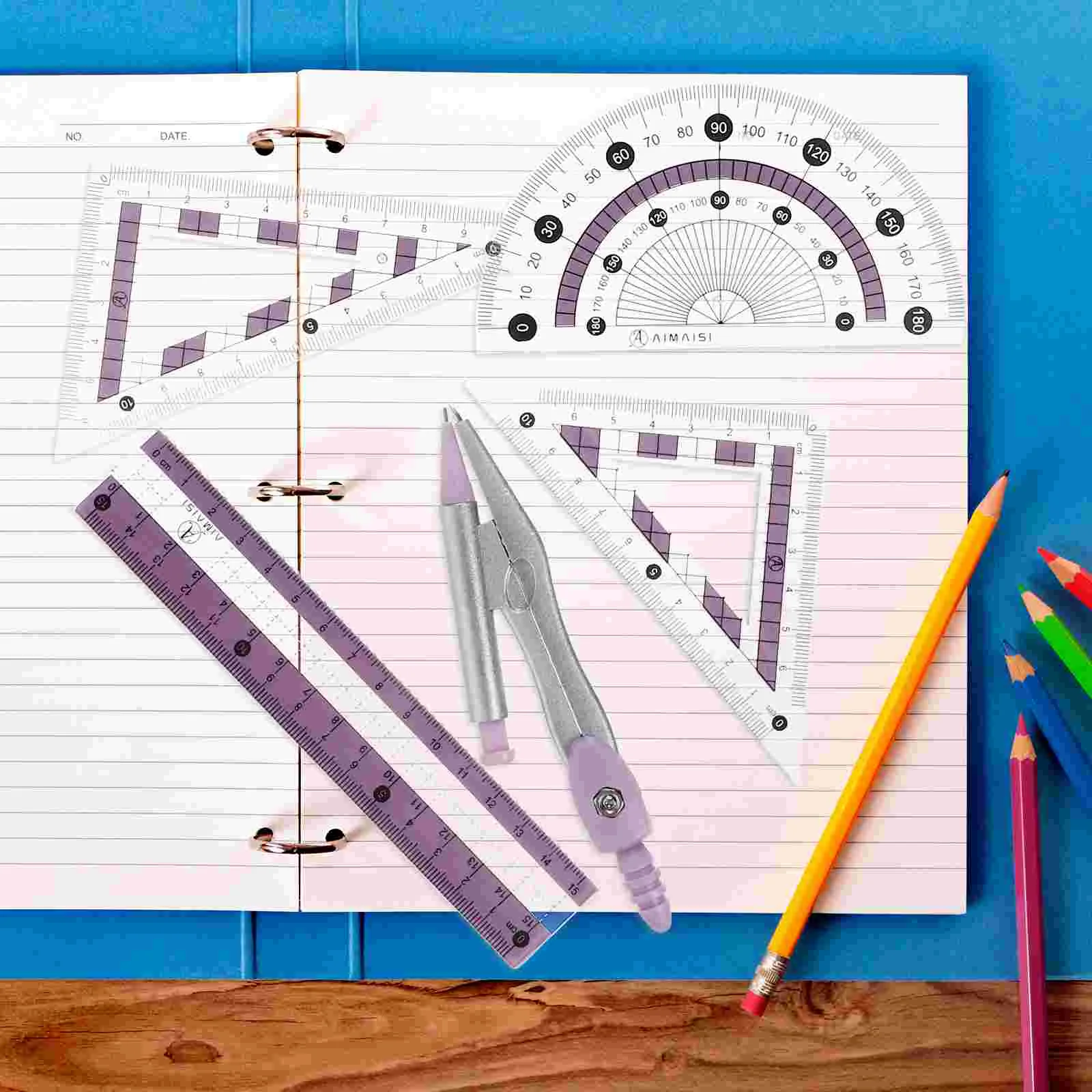 Ruler Set Protractor for Geometry School Kids Drawing Stationery Triangle Board Compass Plastic Wrought Iron Student Office
