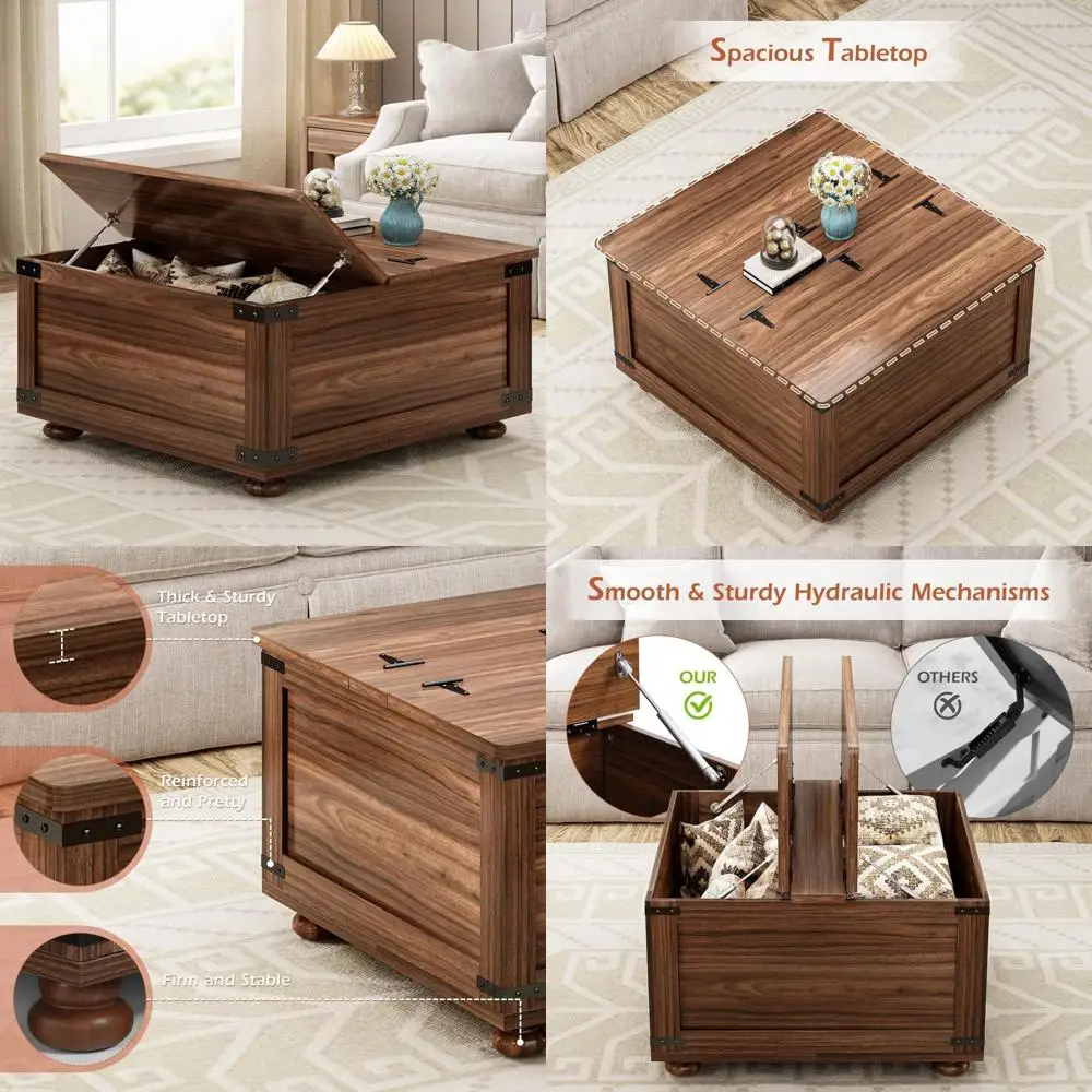Meja Kopi Lift Penyimpanan untuk Ruang Tamu, Desain Kaki Labu Kayu Persegi dengan Mekanisme Hidrolik
