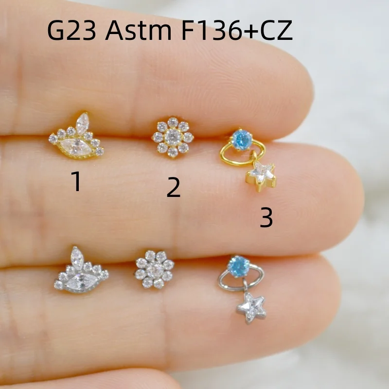 10pcs 16G G23 Astm F136 Flowers Star CZ  Internal Thread Lip Labret Bar Ear Helix Tragus Rook Barbells Stud Piercing Jewelry