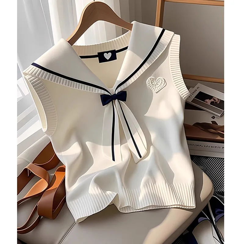 

2025 Summer New Fashion Sweet Sailor Collar Knitted Camisole Women Clothing Chic Bow Vintage Commute Top Pullovers vest female