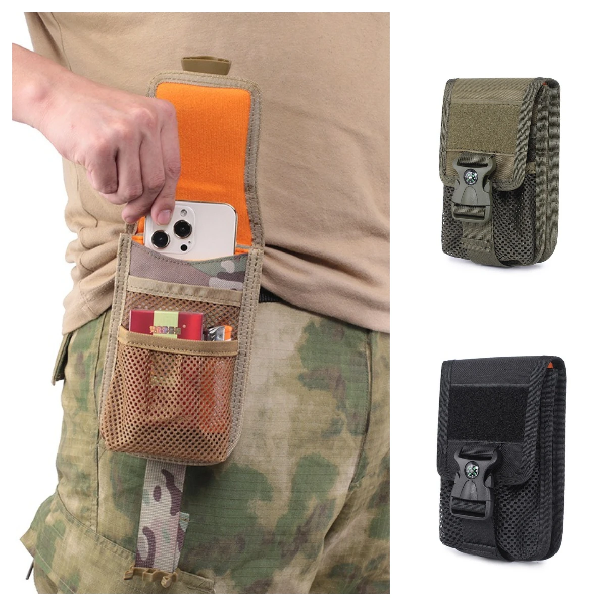 1000D Tactical 7 Inch Compass Double-Layer Phone Bag Molle Outdoor Hunting Compass Waist Pouch Sport Durable Phone Belt Bag
