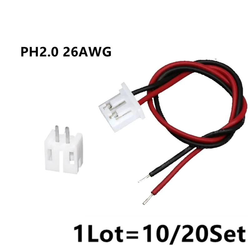 10/20 conjuntos de conector fêmea + macho mini micro jst 2.0 ph conector de 2 pinos com fios cabos 100mm 26awg