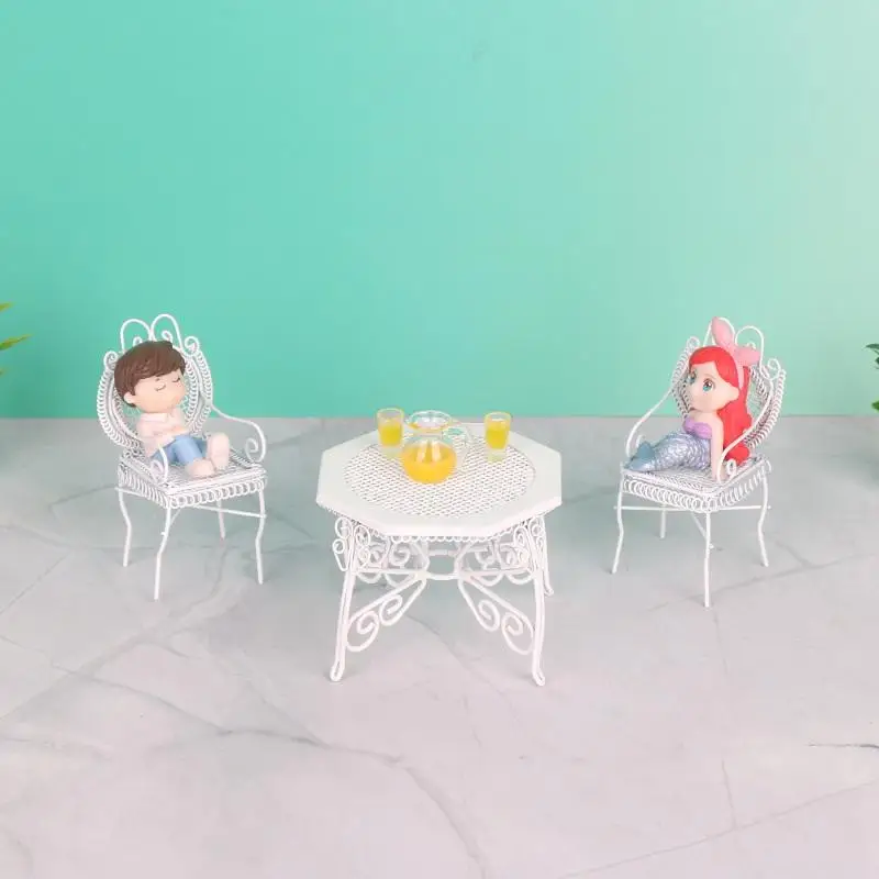 3 pçs simulação mini ferro octogonal mesa e cadeira modelo 1/12 casa de bonecas conjunto de móveis em miniatura fingir jogar brinquedo para crianças