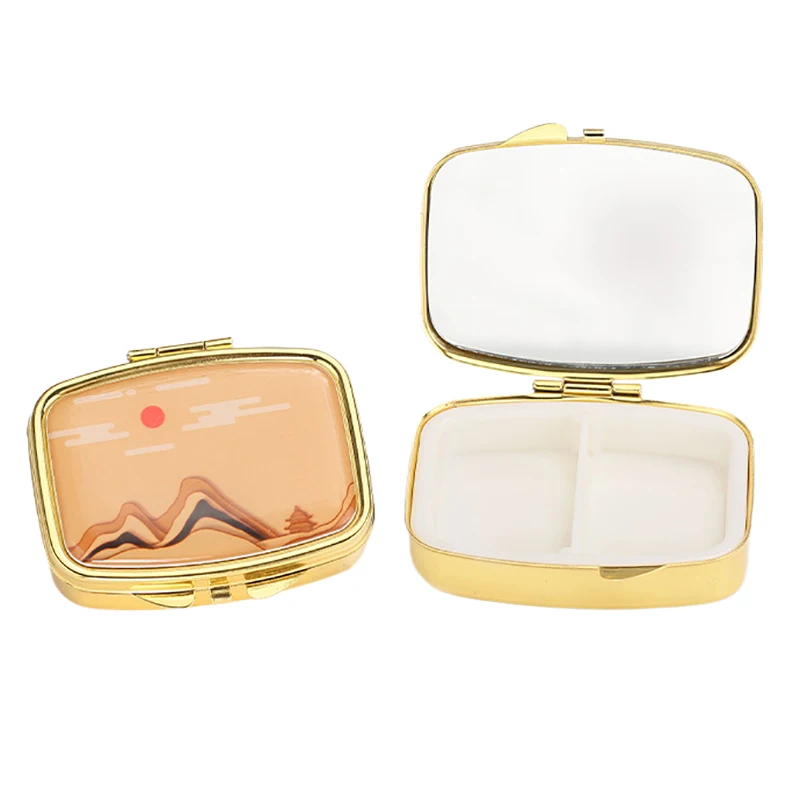 Portable 2 Cell Folding Metal Pill Boxes Square Pill Boxes Medicine Organizer Container Medicine Case Splitters Pill Candy Box