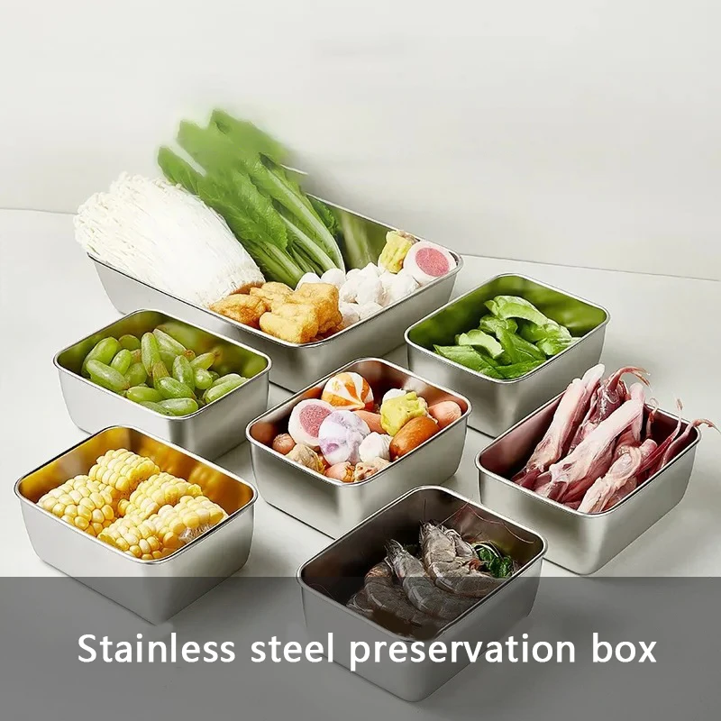 Stainless Steel Food Storage Serving Trays Rectangle Sausage Noodles Fruit Dish With Cover Home Kitchen Organizer Food Container