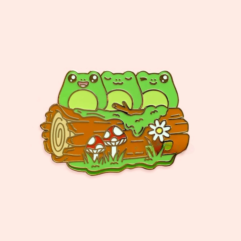 Froggie Friends Enamel Pin Frogs Sitting on Tree Log Lapel Badge Cute Kawaii Adorable Animal Nature Toad Brooch