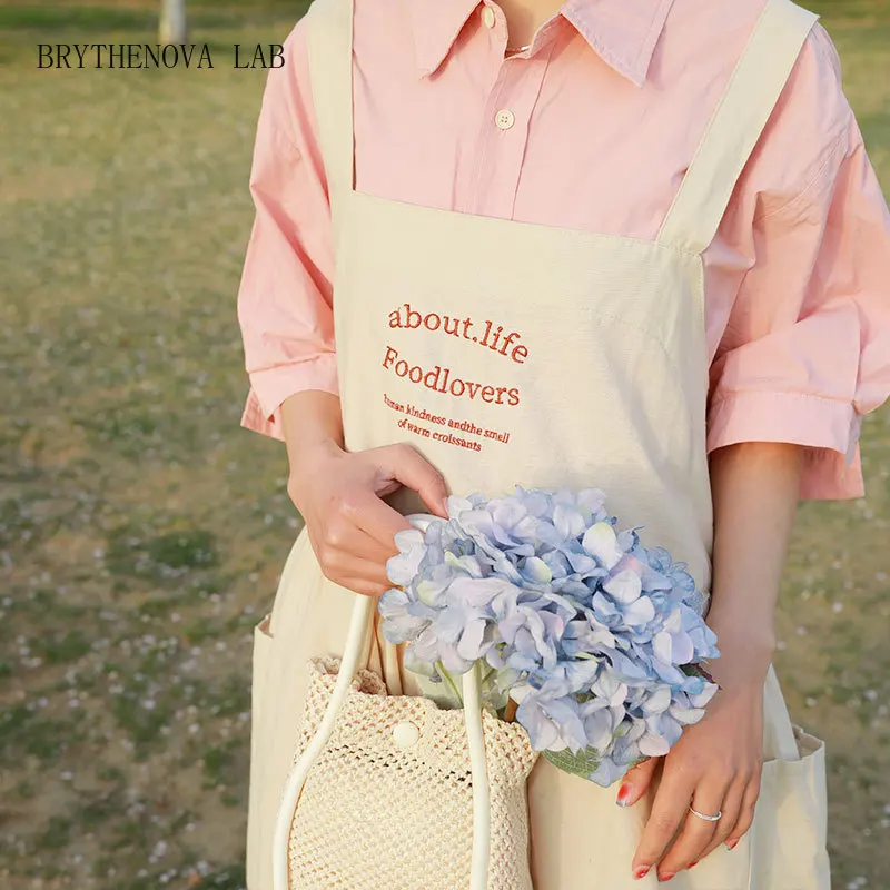 Romantic Spring Plus Size Cotton Embroidered Apron Women's Back Cross no Tie Pleated Apron for Floral Painting
