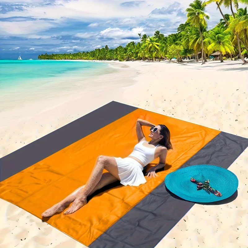 VIKAMA Sand Proof Waterproof Beach Blanket, Large Foldable Orange Black Outdoor Picnic Mat