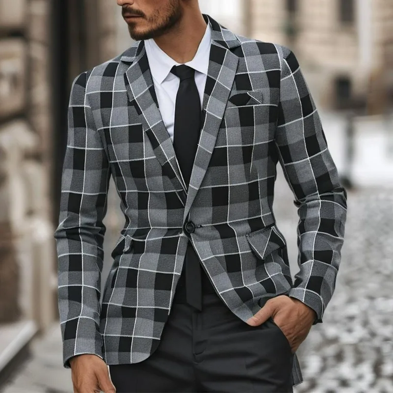 KIDWHXR Blazer Men Vintage Contrast Color Plaid Man Suit Coat Slim Single-breasted Long Sleeve Male Business Casual Outerwear