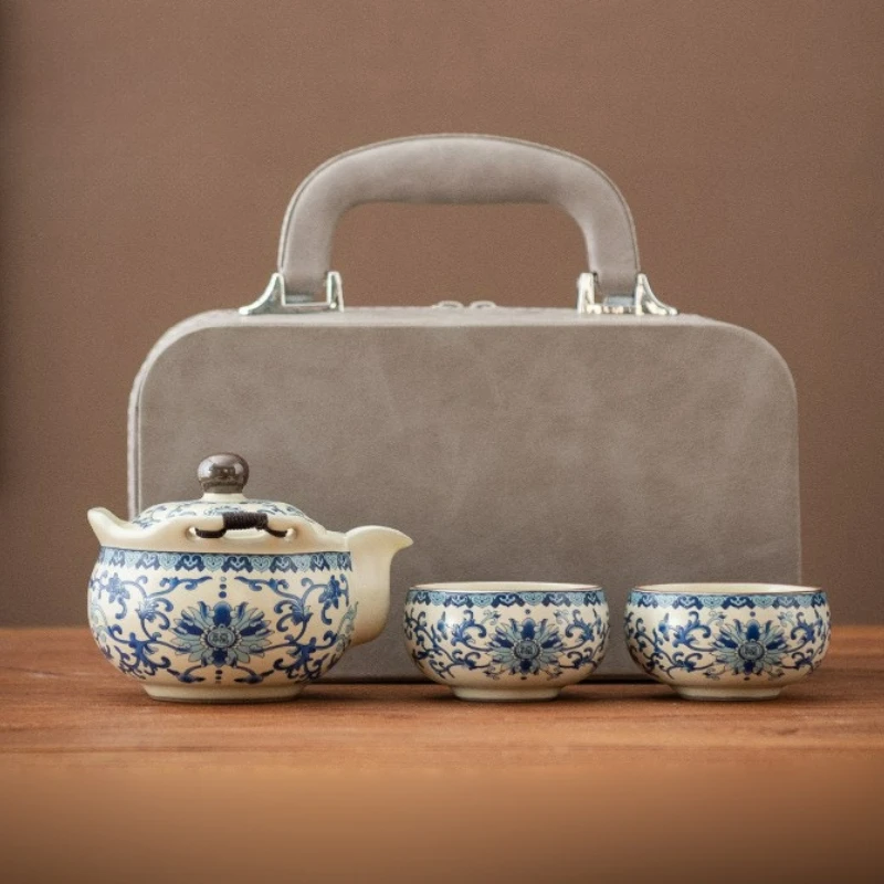 

Ru Kiln Blue White Ceramic Teapot Set Portable Travel Creative Traditional Kung Fu Teacup Tea Set Household Teaware Teaset Gift