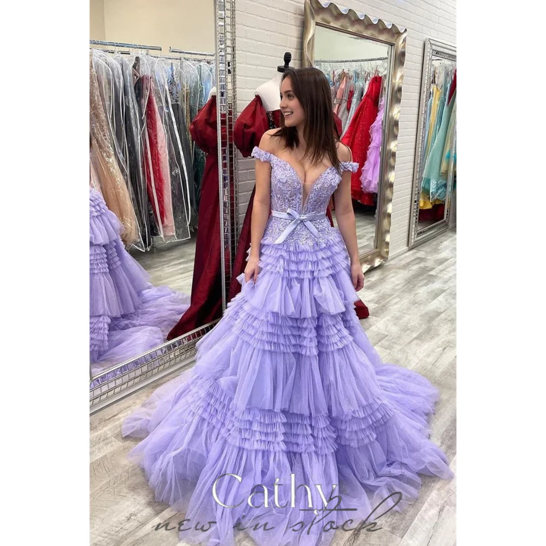 

Cathy V-neck Tulle Prom Dresses Off the Shoulder فساتين السهرة Elegant Sleeveless Floor-Length A-line vestidos verano moda 2024