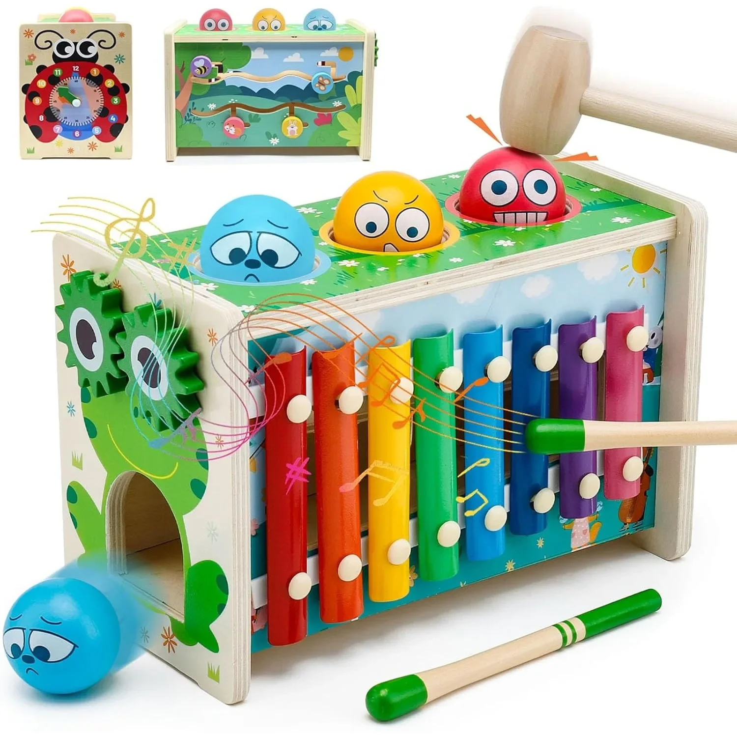 

5-IN-1 Baby Wooden Montessori Toys Mole-Tapping Game Play Xylophone Ladybug Clock Frog Spinning GearToddler Gift Early Learning
