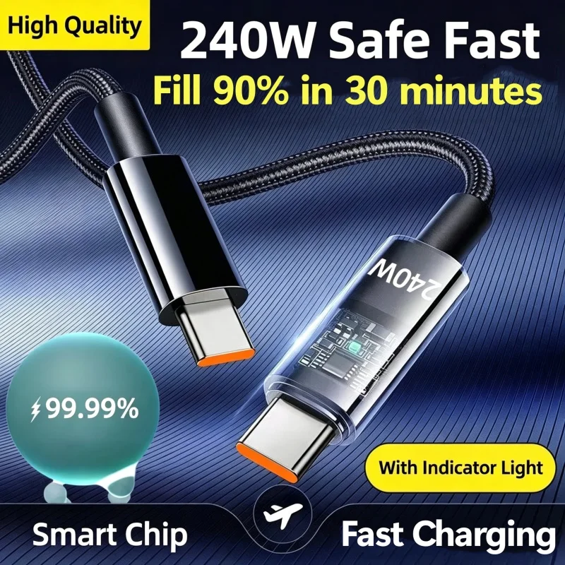 240W Dual Charging Line Type-C USB C To Type C Cable Fast Charging Nylon Braided TypeC Data Cord for Samsung Huawei Mi Laptop