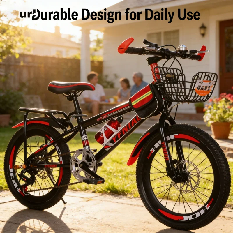دراجة جبلية بفرامل قرصية للأطفال باللونين الأسود والأحمر مع حقيبة هدايا للمقعد الخلفي لسلة السيارة ذات السرعة المتغيرة