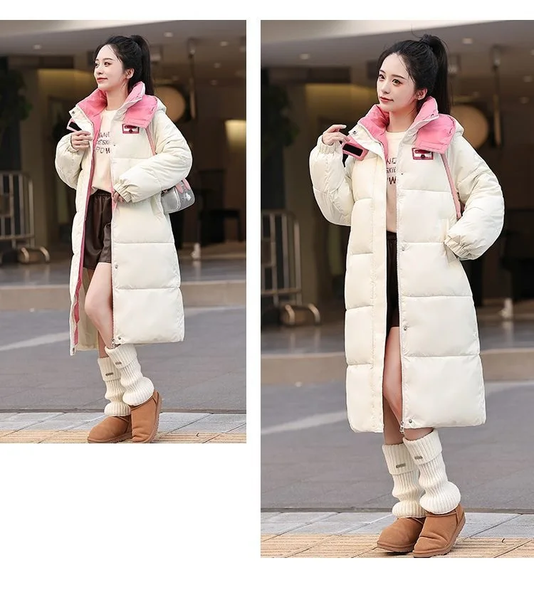 Long Hooded Puffer Coat Women Contrast Collar Warm Quilted Parka Zip‑Up Loose Windproof Winter Outerwear Ladies Padded Jacket