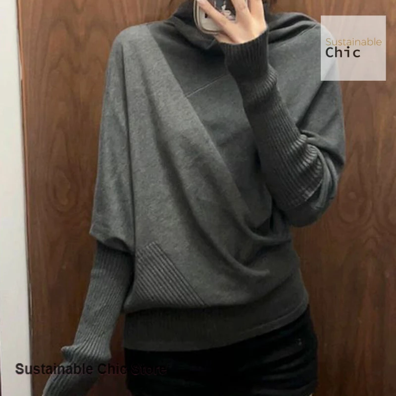 American retro bat sleeve turtleneck gray sweater women's spring and autumn new pullover sweater fashion design sense top