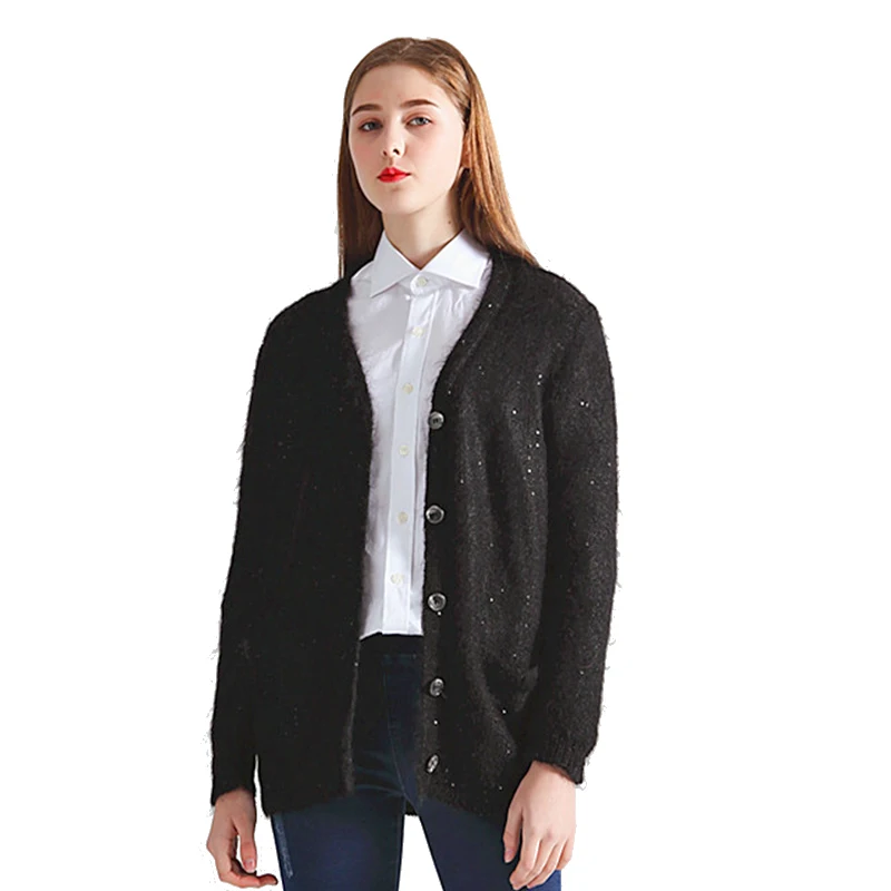 

BAHTLEE-Women's Blended Knitted Cardigan, Monochromatic, Long Sleeves Wool Coat, Casual Lazy Style, Sequins Pocket, Black Color