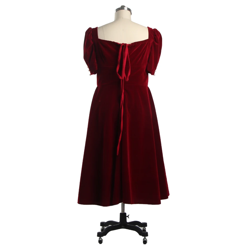 Robe de soirée en velours bordeaux, col en cœur, manches mi-bouffantes, boutons, ligne a, longueur thé, grande taille, robe de soirée pour femmes, B1372