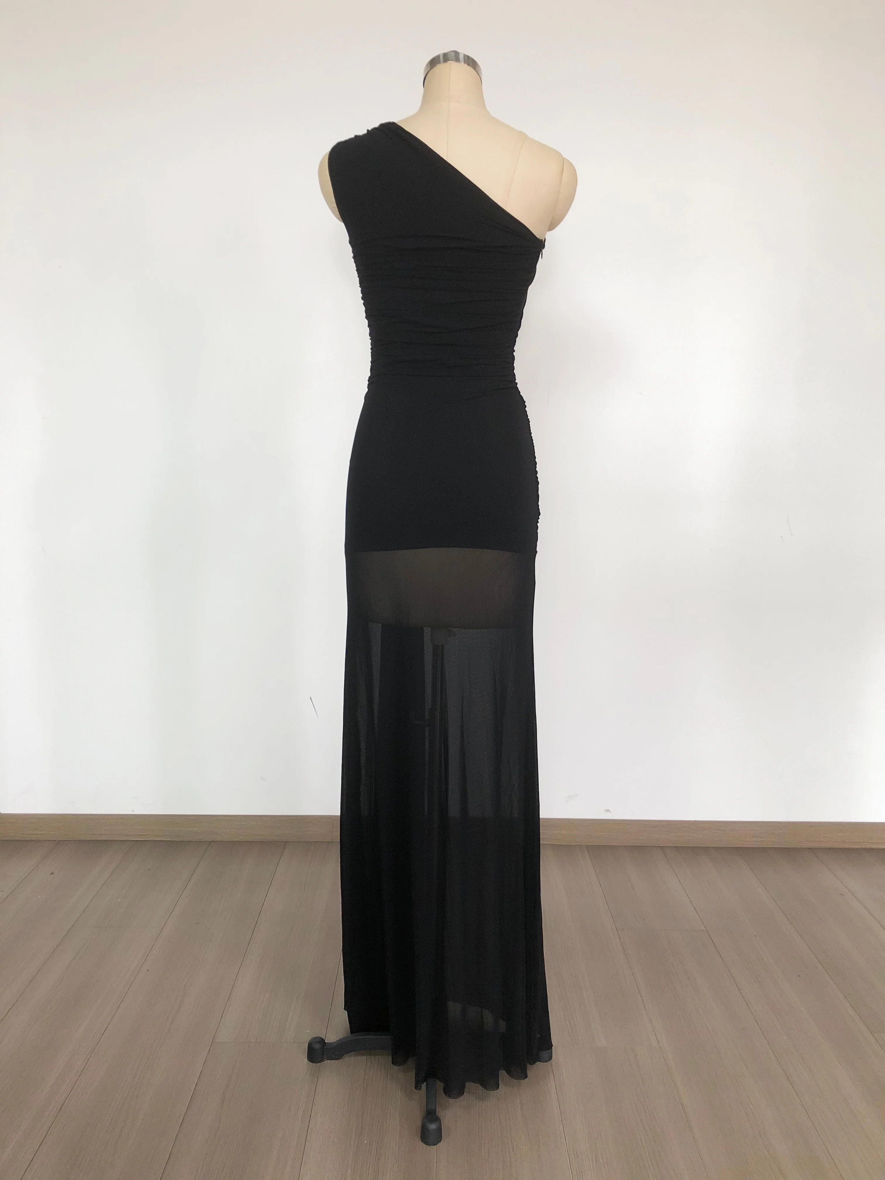 158CM丈 レディース 高級 ブラック シースルー ドレス エレガント ワンショルダー カットアウト ロング セレブリティ イブニング クラブ パーティー ゲスト向けドレス