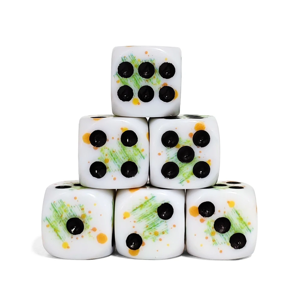 10Pcs/set 16mm 6-Sided White Dice with Green & Orange Splatter, Round Corner D6 Dice Set for Board Games, Tabletop RPGs, DND view 3