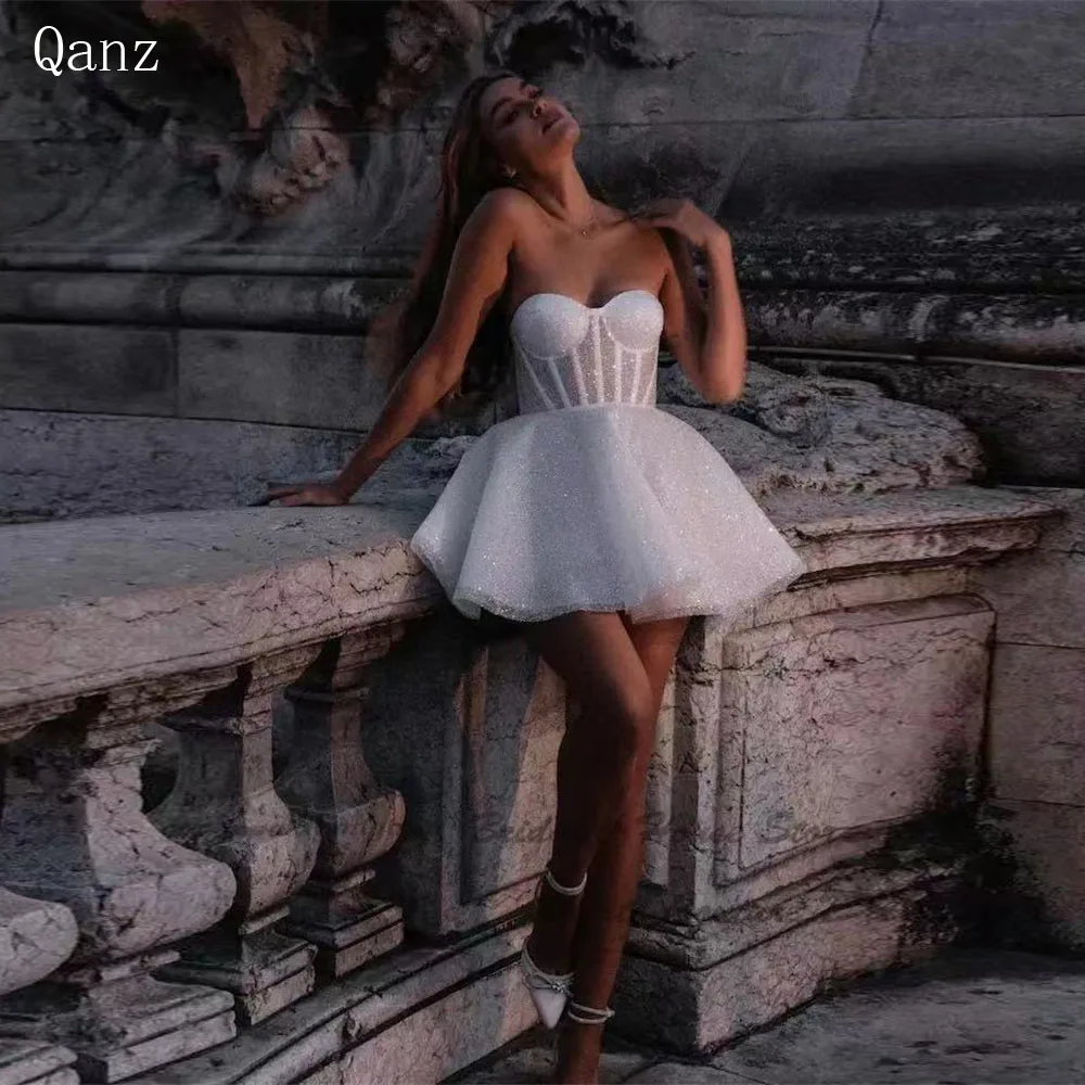 Qanz-vestidos de novia cortos brillantes para mujer, traje de tul con escote Corazón, corte en A, largo hasta la rodilla, elegante, de lujo, para fiesta, 2024