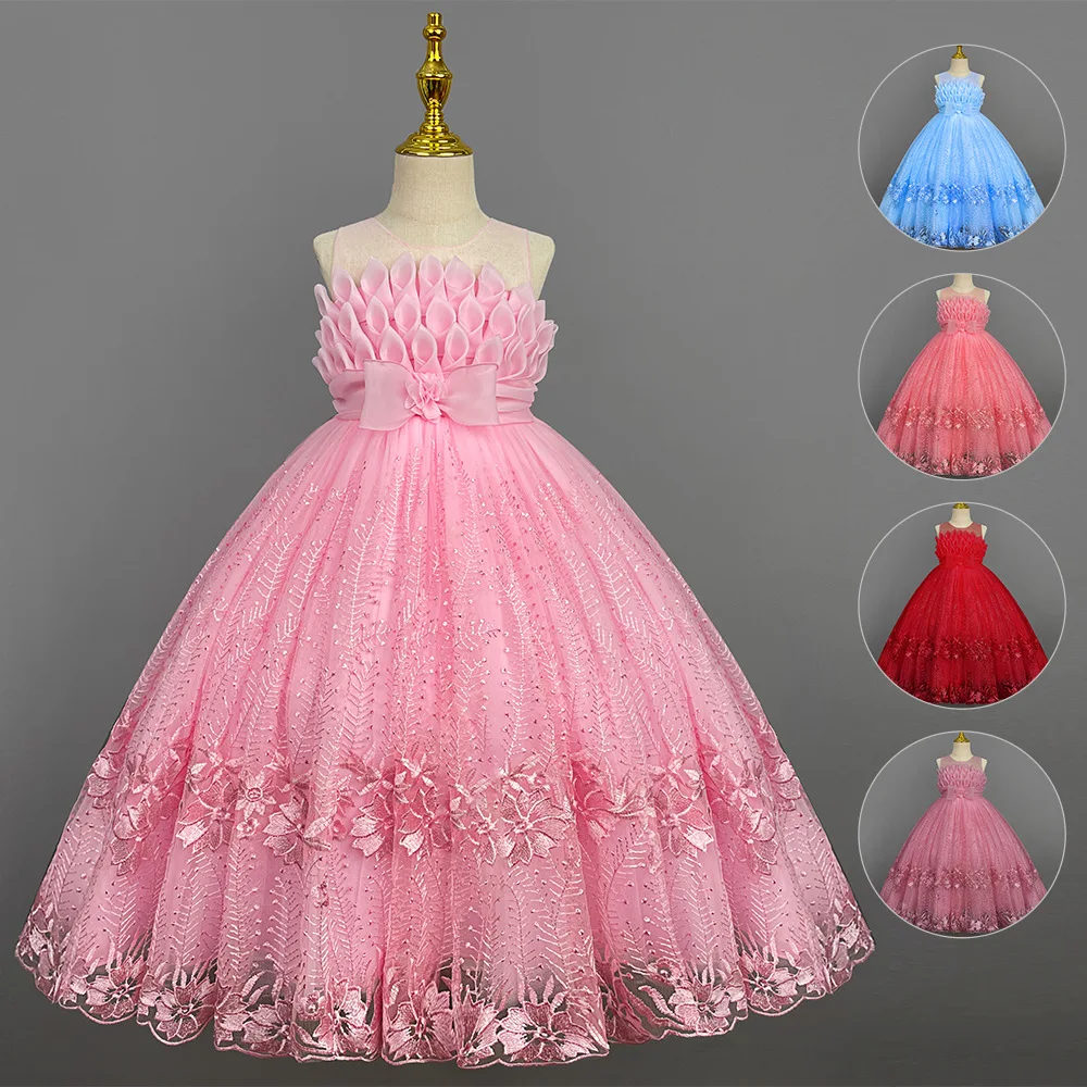 ELBCOS 4-14T Kid Lotus Bud Solid Color No-Sleeve Lace Flower Skirt Organza Piano Costumes Evening Full Dress