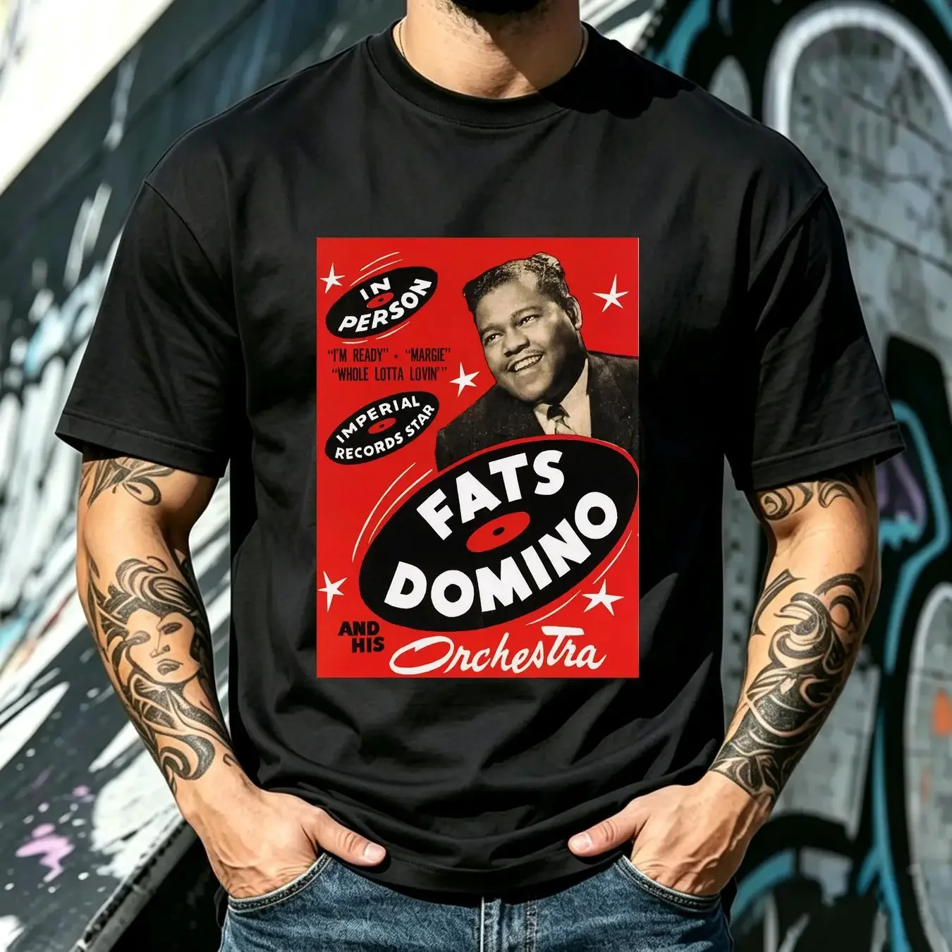 washed T Shirt Fats Domino and his Orchestra vintage Washed Soft Breathable streetwear graphic Stylish Casual Slightly