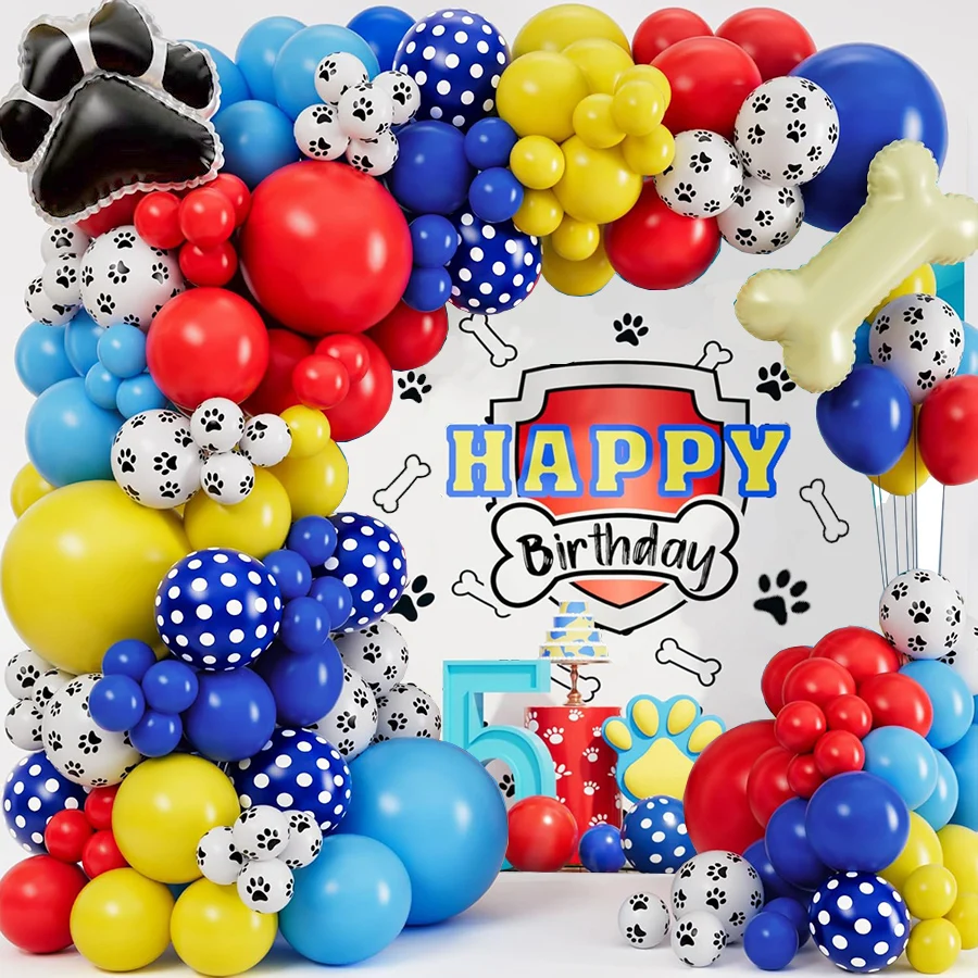Blue Yellow Red Paw Bone Balloons Garland Arch Kit with Dog Bone for Patrol Themed 3th 5th Birthday Party Decoration Supplies