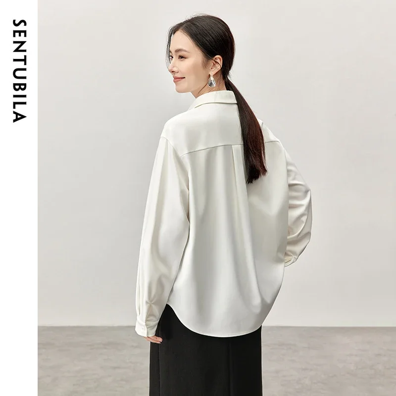 SENTUBILA Office Lady Solid Shirt for Women 2024 Spring Autumn Texture Turn Down Collar Long Sleeve Simple Women Top 143C56817